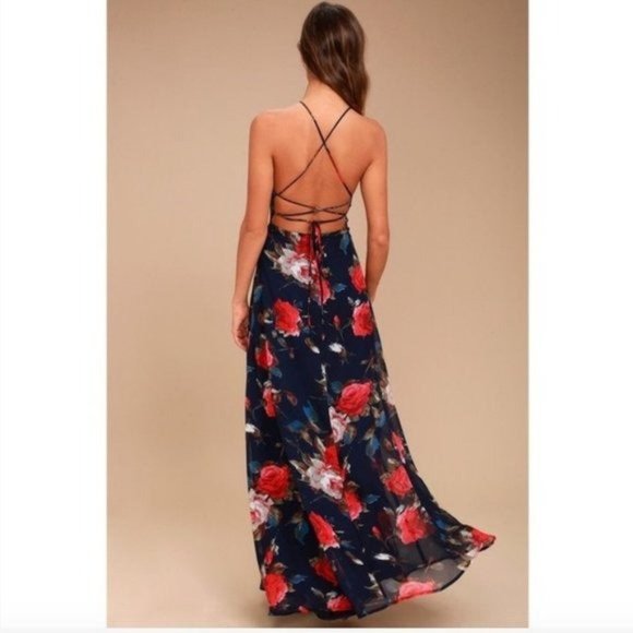 Lulus Dresses & Skirts - Lulu's Floral Navy Maxi Lace Up Dress - XS